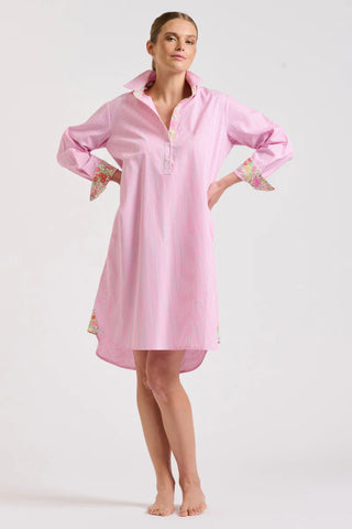 Image of The Claire Popover Shirtdress - Pink Stripe/Floral Trim