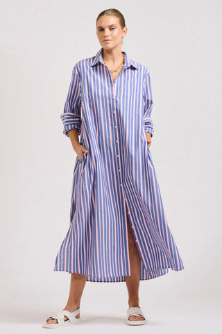 Image of The Luna Oversized Linen Long Shirtdress - Chambray Pink Stripe