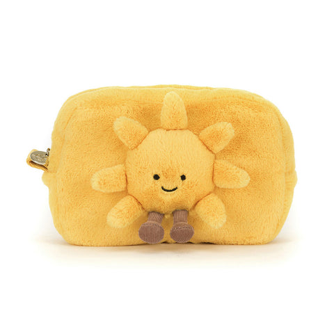 Image of Yellow plush sun-shaped pouch with a smiling face on a white background
