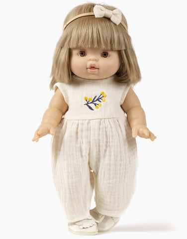 Image of Linda long jumpsuit in ecru double gauze and its flower embroidery