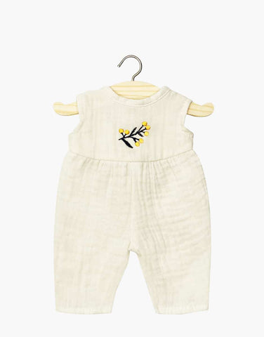 Linda long jumpsuit in ecru double gauze and its Mimosa embroidery