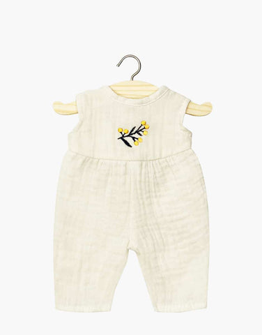 Image of Linda long jumpsuit in ecru double gauze and its flower embroidery