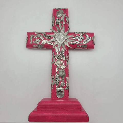 Image of Hand-Painted Wood Milagros Cross on Stand 5"x6.5"