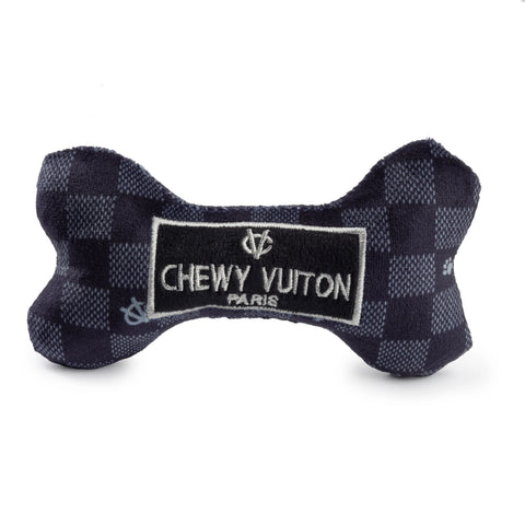 Image of Black Checker Chewy Vuiton Bone Squeaker Dog Toy