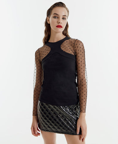 Image of Blouse with mesh polka-dotted sleeves