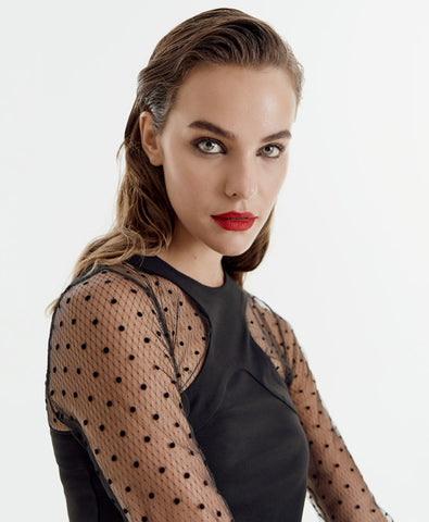 Image of Blouse with mesh polka-dotted sleeves SALE