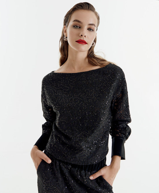 Boat neckline lace and sequin blouse