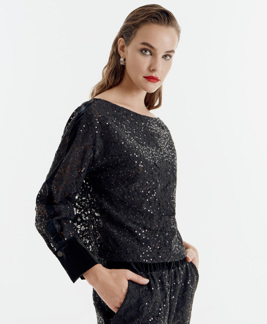 Boat neckline lace and sequin blouse