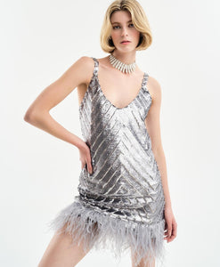 Silver Sequin Dress with Feathers