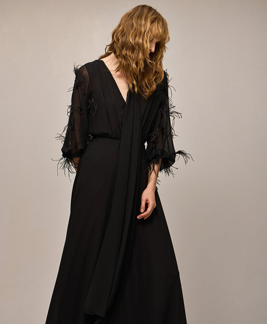 Black Maxi dress with feather sleeves