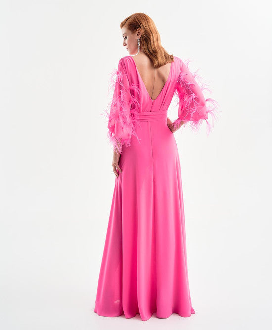 Fuschia Maxi dress with feather sleeves
