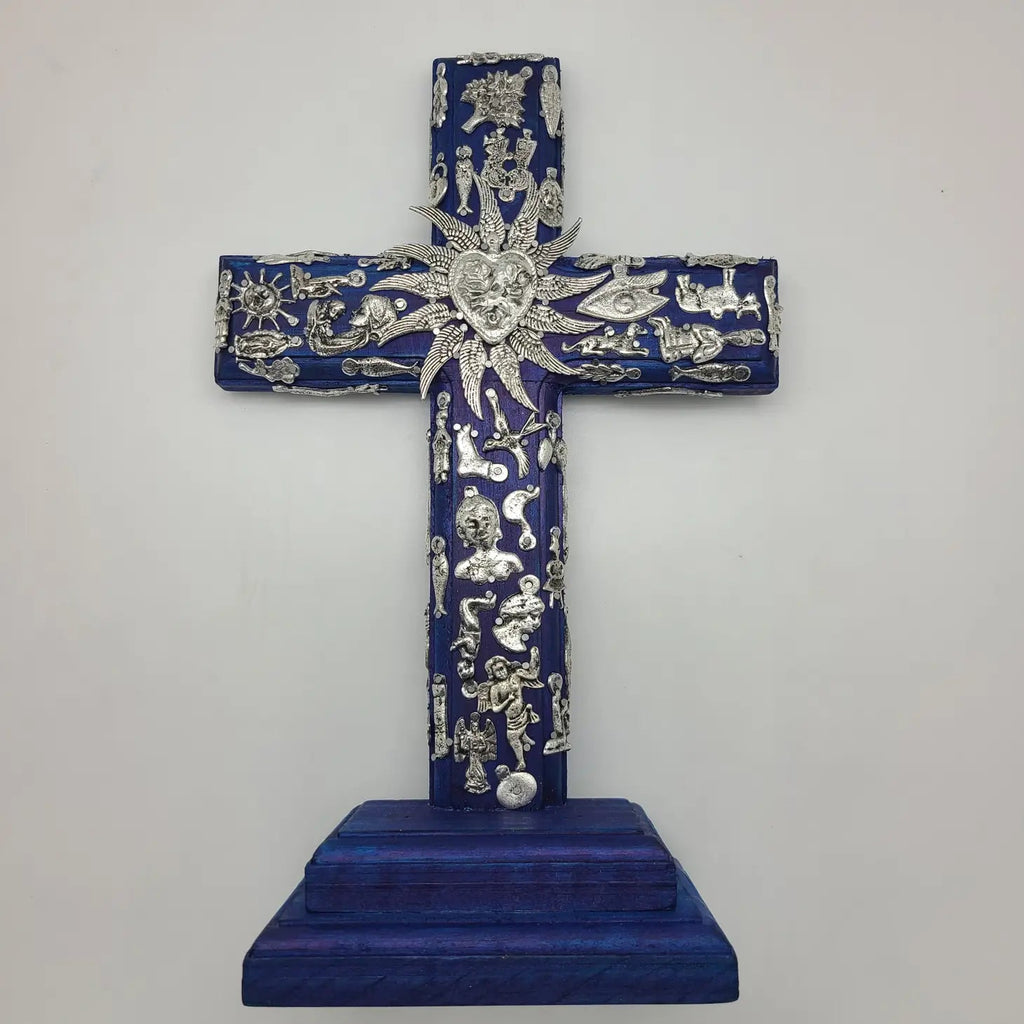 Hand-Painted Wood Milagros Cross on Stand 5"x6.5"