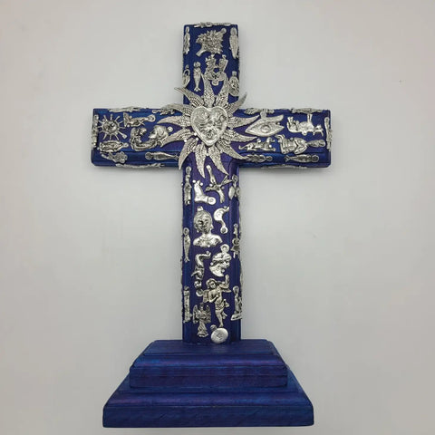 Image of Hand-Painted Wood Milagros Cross on Stand 5"x6.5"
