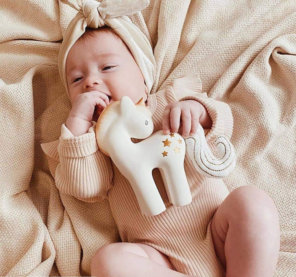 Unicorn - Natural Organic Rubber Teether, Rattle & Bath Toy