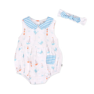 Sailboat Whales Baby Bubble Romper + Headband (Organic Muslin)