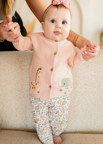 Image of Animal Safari Embroidered Baby Cardigan Sweater (Organic) - Blush