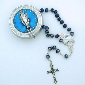 Italian lg enameled rosary box w/ 8mm glass rosary, mm