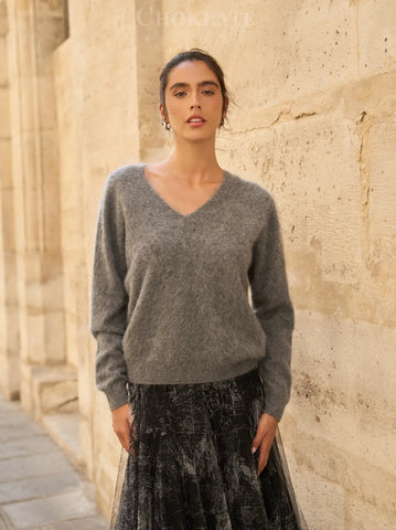 Image of Fluffy Wool & Cashmere V-Neck Sweater