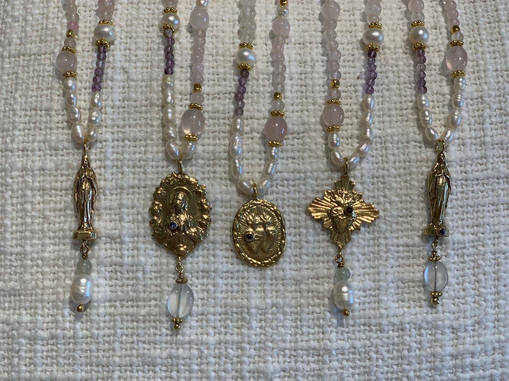 Religious medals, W/ Amethyst Pink Quartz Necklace