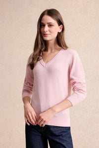Fine mesh V-neck sweater- Pink