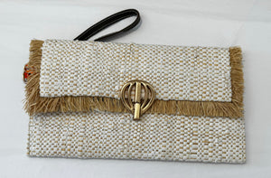 Natural Basket Woven Clutch-White