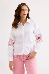 Shirt with Pink Floral Embroidery