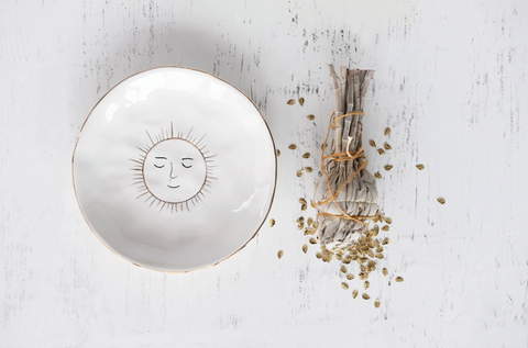 Stoneware Plate with Sun and Gold Electroplating