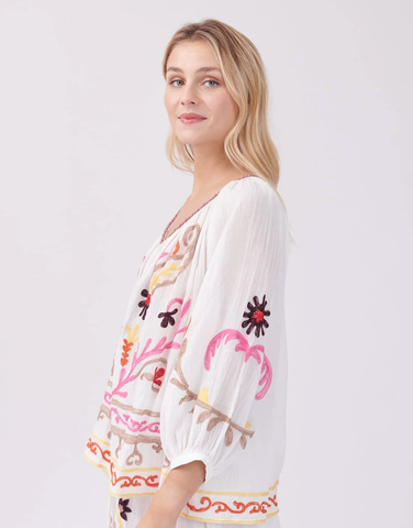 Image of LOOSE EMBROIDERED V-NECK LONG-SLEEVED BLOUSE OBJECTIF