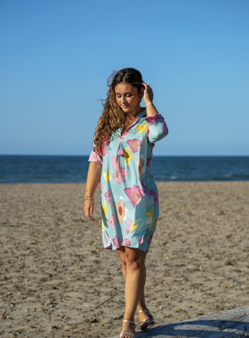 Image of Blue Floral Short Tunic Dress w/pockets