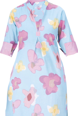 Image of Blue Floral Short Tunic Dress w/pockets