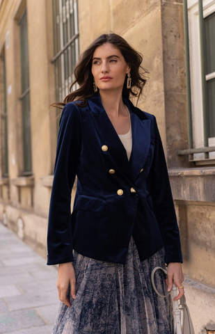 Image of Velvet Blazer Jacket with Gold Buttons- Blue