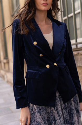 Image of Velvet Blazer Jacket with Gold Buttons- Blue