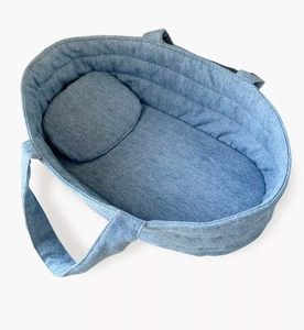 Doll Bassinet and Pillow in Light Blue Denim