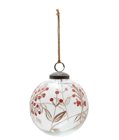 Hand-Painted Etched Glass Ball Ornament with Berry Design