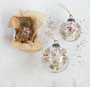 Hand-Painted Etched Glass Ball Ornament with Berry Design