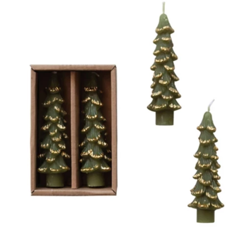 Image of 4-3/4"H Unscented Tree Shaped Taper Candles Evergreen Color, Set of 2
