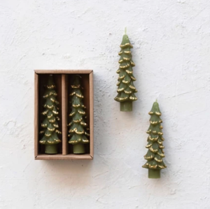 4-3/4"H Unscented Tree Shaped Taper Candles Evergreen Color, Set of 2