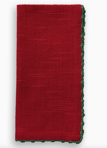 Knotted Edge Scarlet Red Cotton Napkin Green Trim- Set of 4