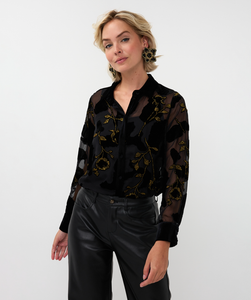 Black and Gold Floral Mesh Blouse