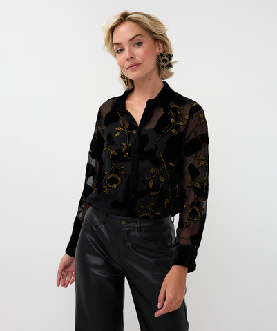 Image of Black and Gold Floral Mesh Blouse