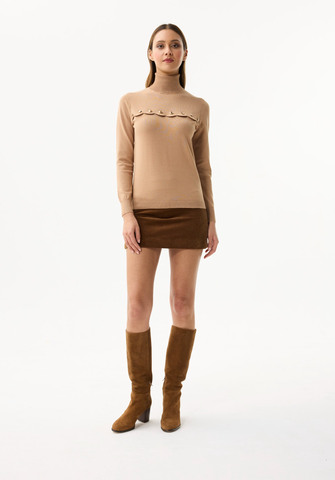 Image of Scalloped Turtleneck Sweater - Beige