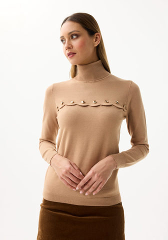 Scalloped Turtleneck Sweater - Beige