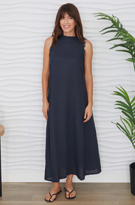 Navy Linen Mock Neck Maxi Dress