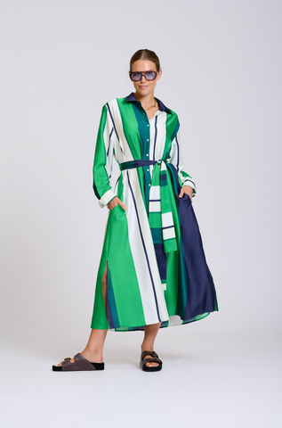 The Luxe Luna Dress - Navy and Green Bold Stripes