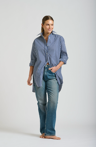 The Bobbie Boyfriend Shirt - Navy Thick Stripe