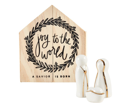 Ceramic Figurines Pine Wood Box - Holy Family