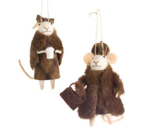 Image of 5.5" Brown Fur Coat Mice Ornament