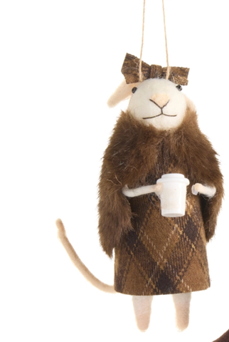 Image of 5.5" Brown Fur Coat Mice Ornament