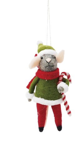 Image of Handmade Wool Felt Mouse Ornament, Red & Green, 2 Styles