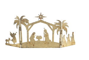 Metal Folding Mantle Scene W Nativity Distressed Gold Finish